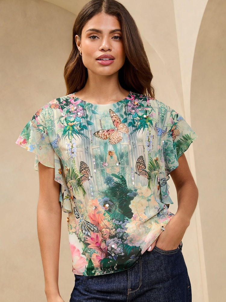 Lipsy Green Printed Embellished T-Shirt - Image 1 of 4