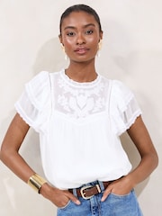 Lipsy White Ruffle sleeve Chiffon Lace T-Shirt - Image 1 of 5