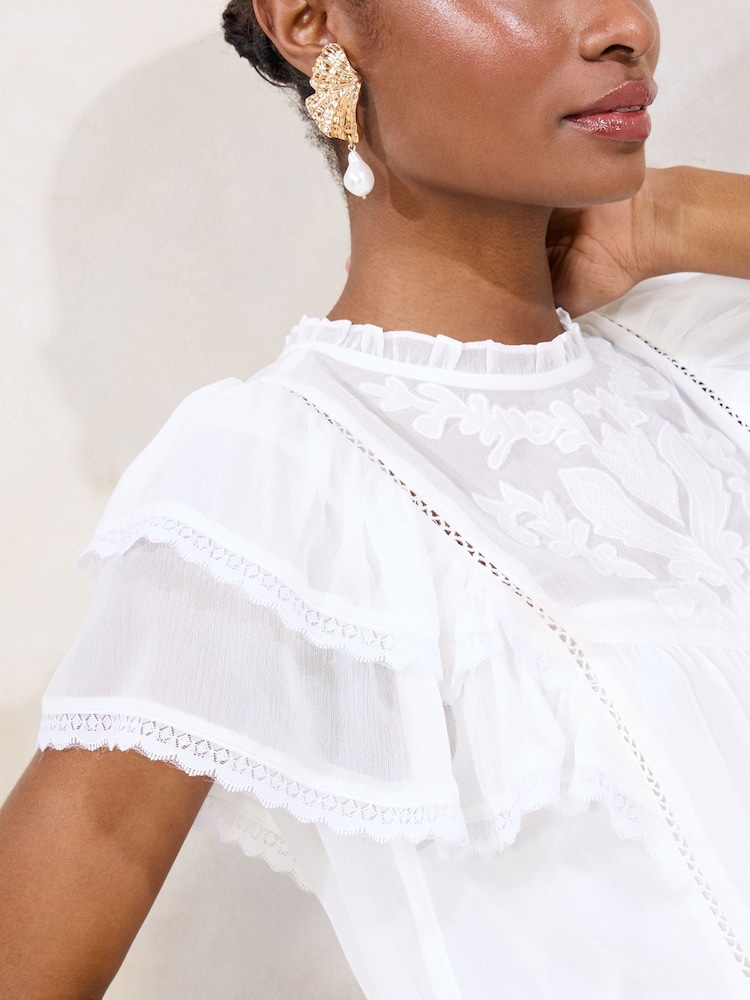 Lipsy White Ruffle sleeve Chiffon Lace T-Shirt - Image 2 of 5