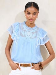 Lipsy Blue Ruffle sleeve Chiffon Lace T-Shirt - Image 1 of 4