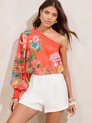 Lipsy Red One Shoulder Floral Printed Top - Image 1 of 4