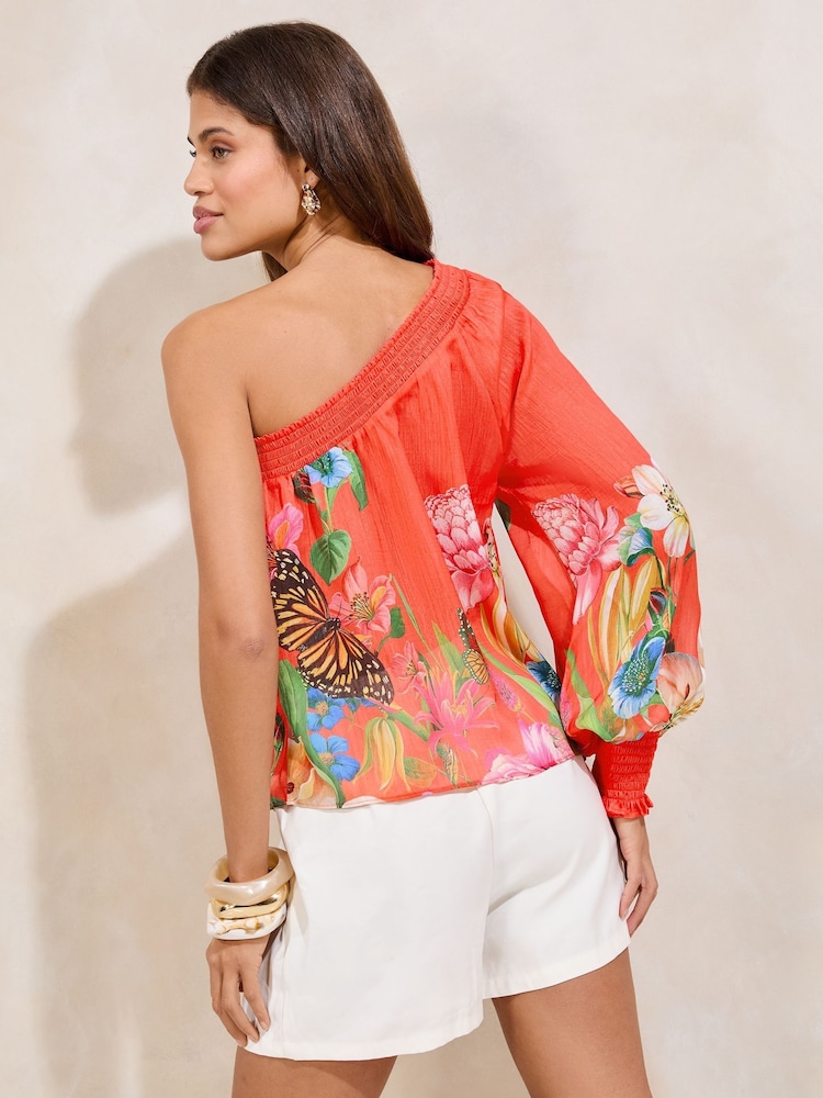 Lipsy Red One Shoulder Floral Printed Top - Image 4 of 4 Lipsy Red One Shoulder Floral Printed Top - Image 4 of 4