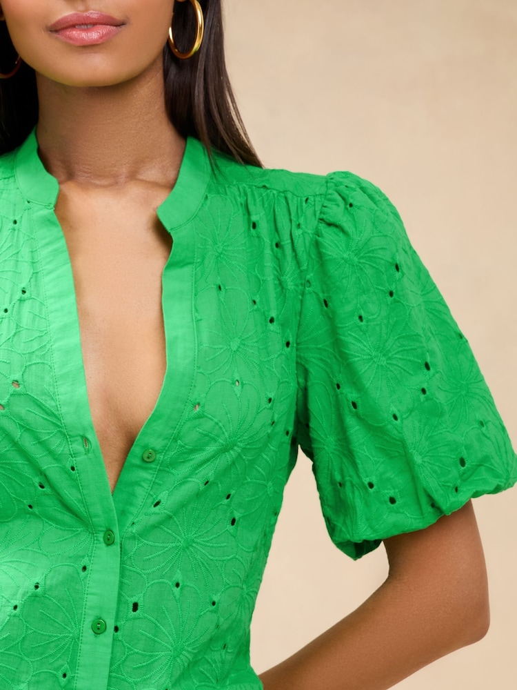 Lipsy Green Brodierie Puff Sleeve Blouse - Image 2 of 4