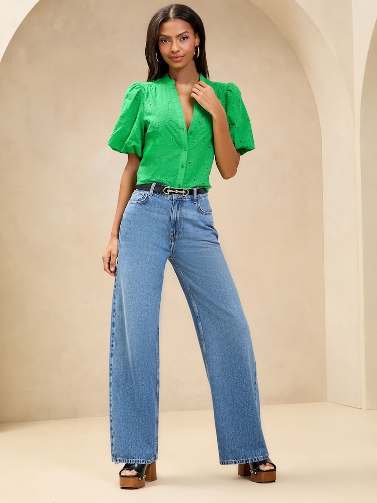 Lipsy Green Brodierie Puff Sleeve Blouse - Image 3 of 4
