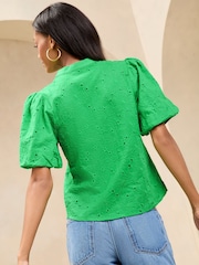 Lipsy Green Brodierie Puff Sleeve Blouse - Image 4 of 4