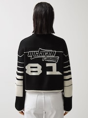 Reiss Black/White Rider McLaren Wool-Cashmere F1 Team Cropped Jumper - Image 4 of 9