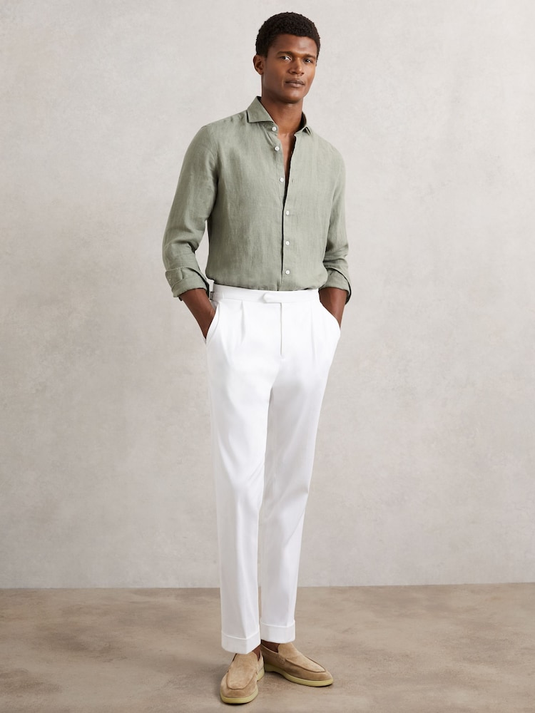 Reiss Thyme Green Ruban Linen Button-Through Shirt - Image 1 of 6