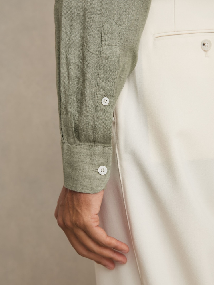 verde cimbru - Tricou din in cu nasturi pe toată lungimea Reiss Ruban - Image 4 of 6