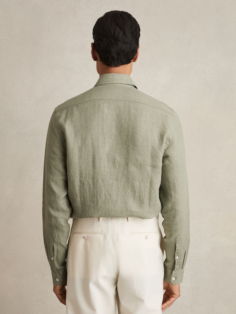 verde cimbru - Tricou din in cu nasturi pe toată lungimea Reiss Ruban - Image 5 of 6