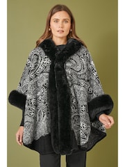Yumi Black Faux Fur Trim Cape Poncho With Paisley Print - Image 1 of 4