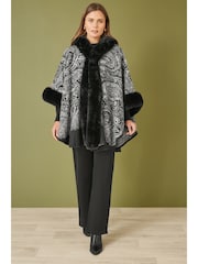 Yumi Black Faux Fur Trim Cape Poncho With Paisley Print - Image 2 of 4