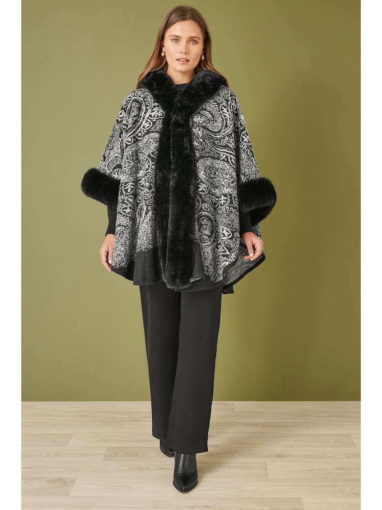 Yumi Black Faux Fur Trim Cape Poncho With Paisley Print - Image 2 of 4