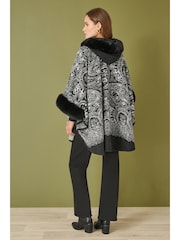 Yumi Black Faux Fur Trim Cape Poncho With Paisley Print - Image 3 of 4