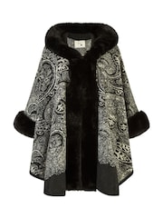 Yumi Black Faux Fur Trim Cape Poncho With Paisley Print - Image 4 of 4