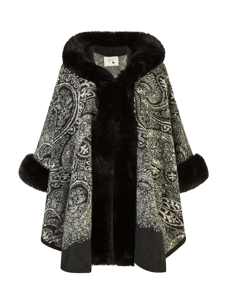 Yumi Black Faux Fur Trim Cape Poncho With Paisley Print - Image 4 of 4