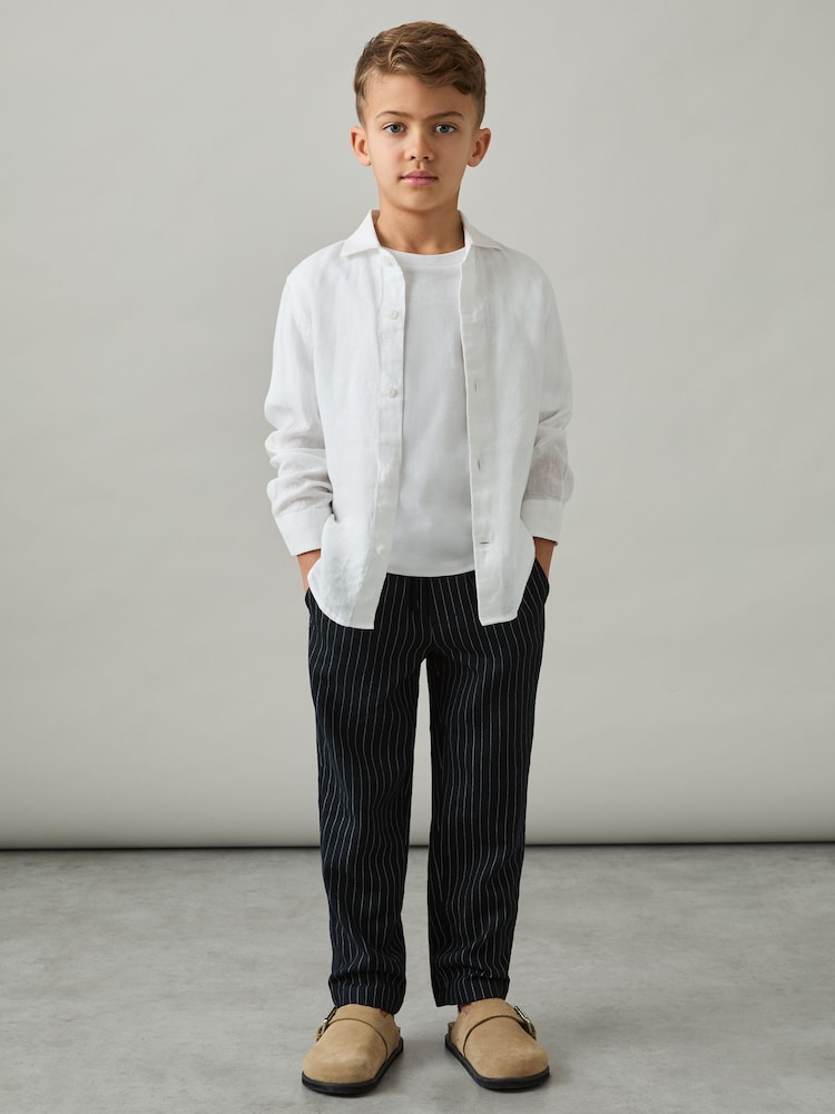 Reiss Navy Stripe Andros Linen-Blend Drawstring Trousers - Image 1 of 4