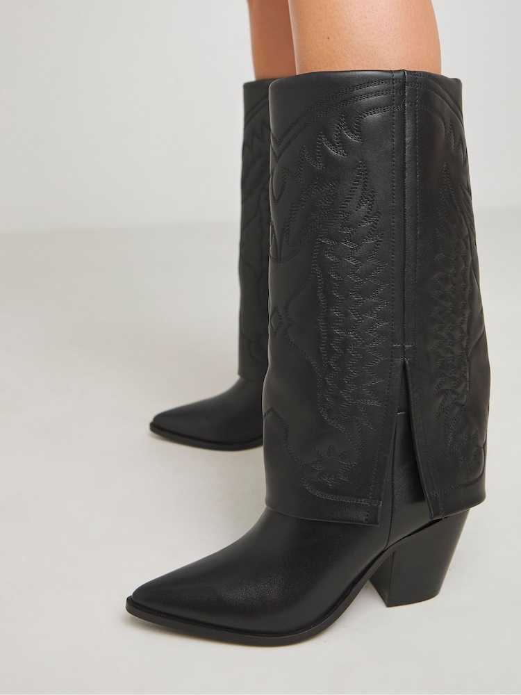 Simply Be Black Embroidered Cuff Western Boots In Wide Fit - Image 2 of 4