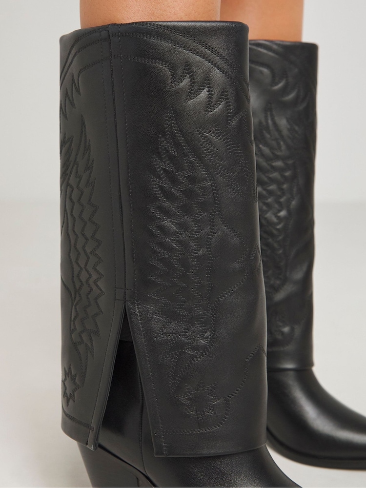 Simply Be Black Embroidered Cuff Western Boots In Wide Fit - Image 4 of 4