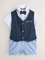 Baker by Ted Baker Blue 100% Cotton Smart Bow Tie Rompersuit - Image 1 of 9