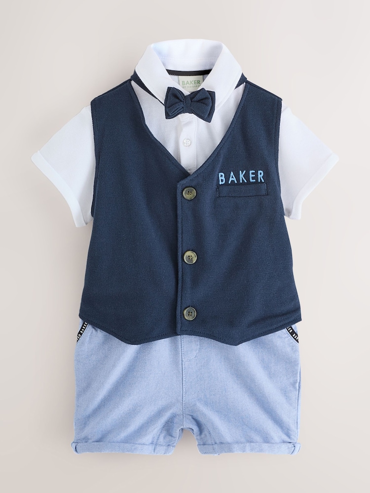 Baker by Ted Baker Blue 100% Cotton Smart Bow Tie Rompersuit - Image 1 of 9