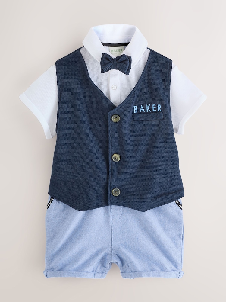 Baker by Ted Baker Blue 100% Cotton Smart Bow Tie Rompersuit - Image 1 of 9 Baker by Ted Baker Blue 100% Cotton Smart Bow Tie Rompersuit - Image 1 of 9