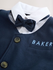 Baker by Ted Baker Blue 100% Cotton Smart Bow Tie Rompersuit - Image 3 of 9