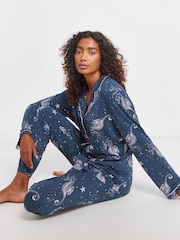 JD Williams Blue Viscose and Lace Button Through Pyjama Set - Image 1 of 4