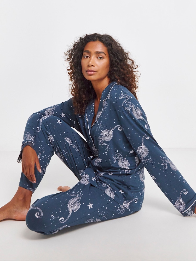 JD Williams Blue Viscose and Lace Button Through Pyjama Set - Image 1 of 4