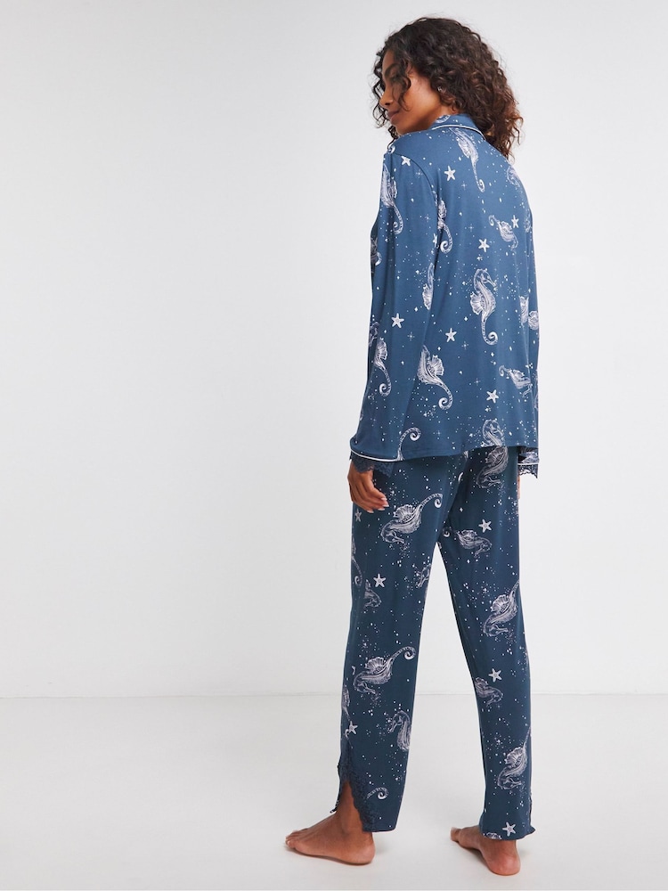 JD Williams Blue Viscose and Lace Button Through Pyjama Set - Image 2 of 4