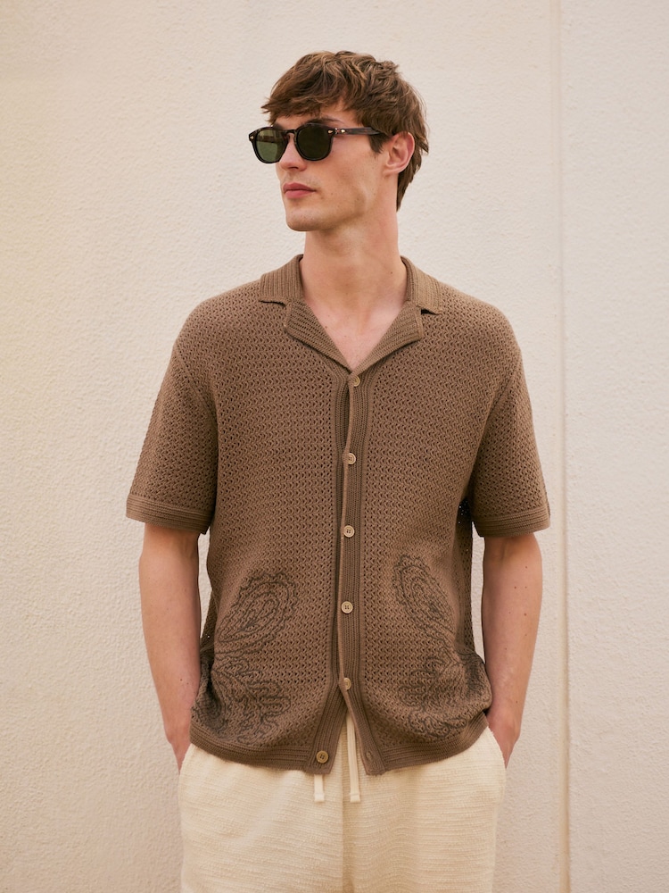 Brown Relaxed Fit Short Sleeve Knit Embroidered Shirt with Cuban Collar - Image 1 of 8 Brown Relaxed Fit Short Sleeve Knit Embroidered Shirt with Cuban Collar - Image 1 of 8