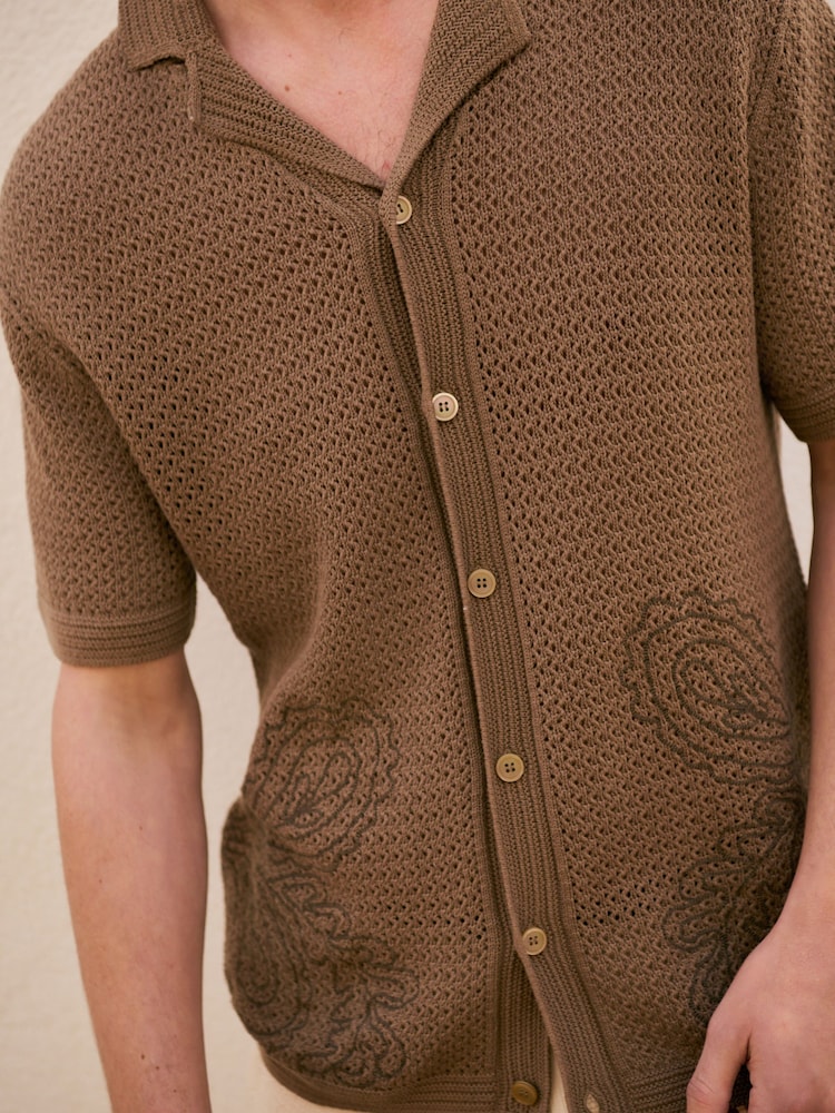 Brown Relaxed Fit Short Sleeve Knit Embroidered Shirt with Cuban Collar - Image 2 of 8 Brown Relaxed Fit Short Sleeve Knit Embroidered Shirt with Cuban Collar - Image 2 of 8