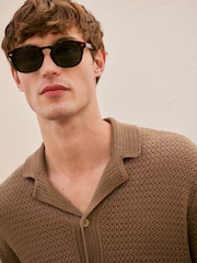 Green Relaxed Fit Short Sleeve Knit Embroidered Shirt with Cuban Collar - Image 5 of 8