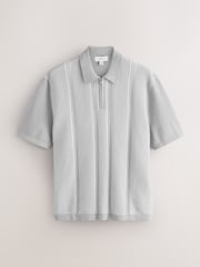 Grey Regular Fit Short Sleeve Vertical Stripe Quarter Zip Polo - Image 1 of 3