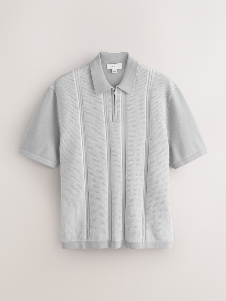 Grey Regular Fit Short Sleeve Vertical Stripe Quarter Zip Polo - Image 1 of 3