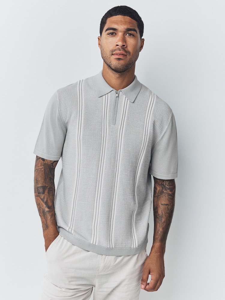 Grey Regular Fit Short Sleeve Vertical Stripe Quarter Zip Polo - Image 1 of 7 Grey Regular Fit Short Sleeve Vertical Stripe Quarter Zip Polo - Image 1 of 7