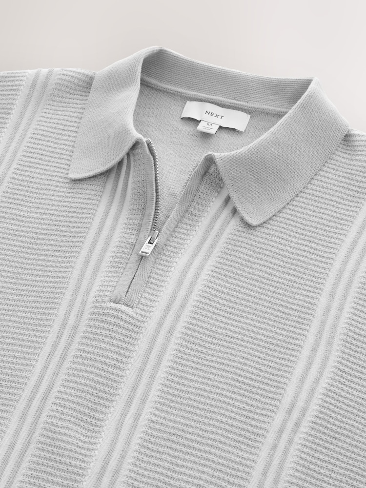 Grey Regular Fit Short Sleeve Vertical Stripe Quarter Zip Polo - Image 2 of 3