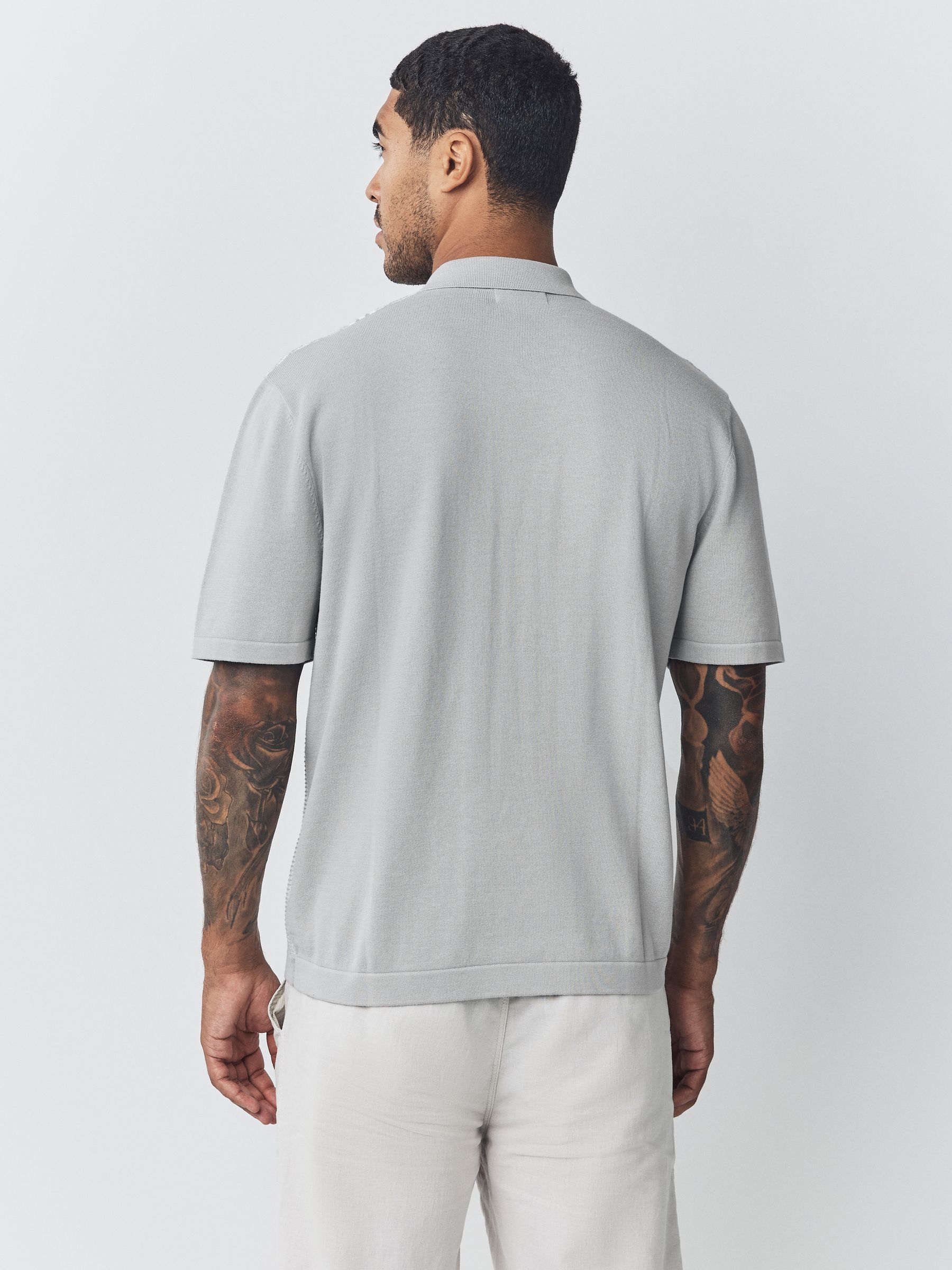 Buy Grey Regular Fit Short Sleeve Stripe Quarter Zip Knit Polo