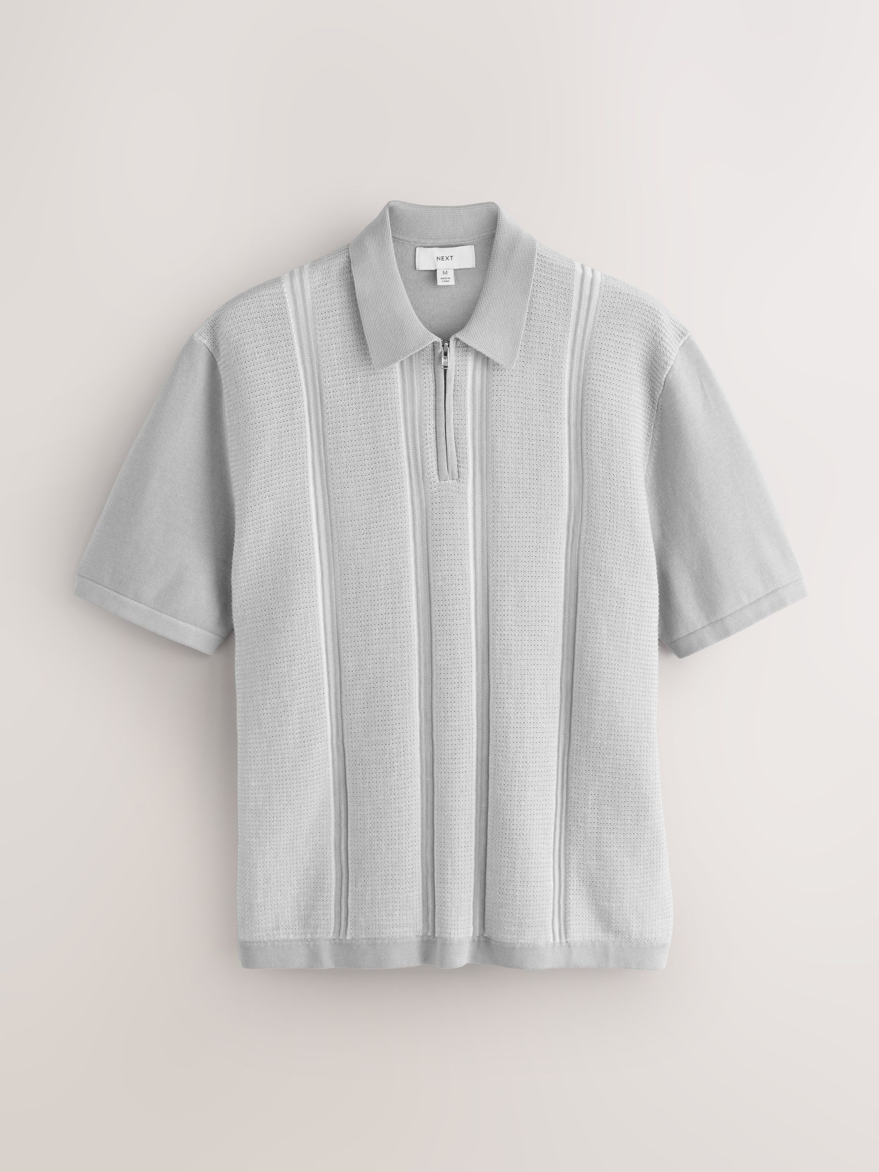 Buy Grey Regular Fit Short Sleeve Stripe Quarter Zip Knit Polo