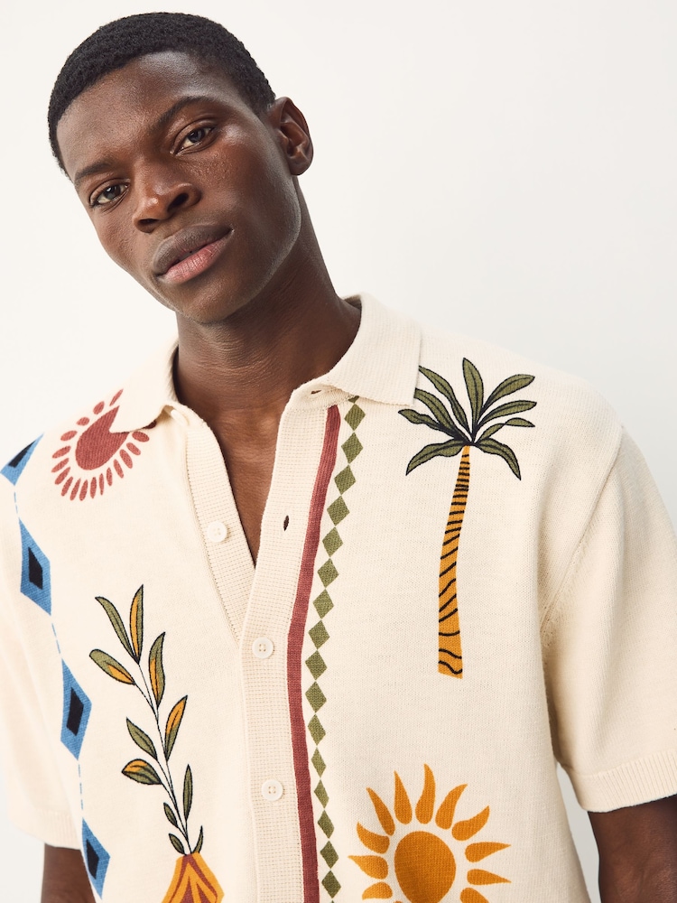 Branco Ecru - Relaxed Fit Short Sleeve Printed Button-Through Polo Shirt - Imagem 1 de 7