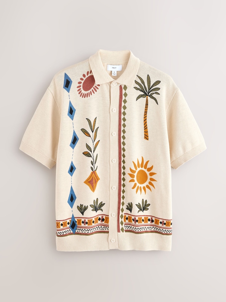 Branco Ecru - Relaxed Fit Short Sleeve Printed Button-Through Polo Shirt - Imagem 7 de 7