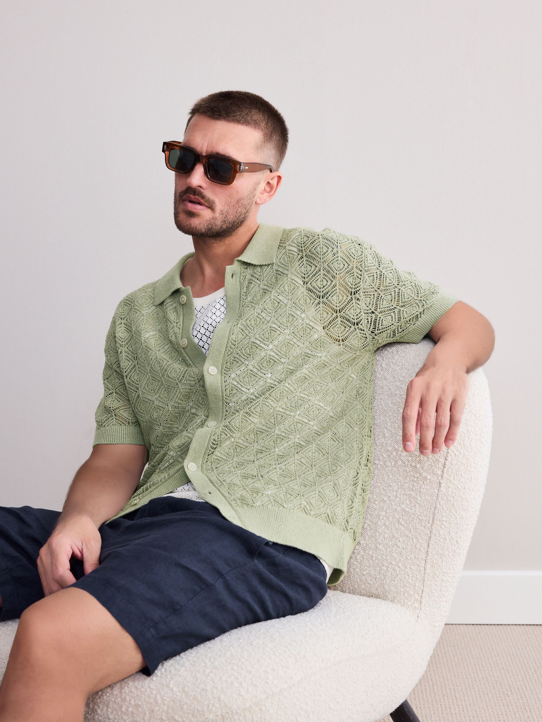 Olive Green Signature Linen Rich Short Sleeve Knit Crochet Button Through Polo Shirt