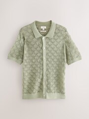 Verde oliva - Signature Linen Rich Short Sleeve Knit Crochet Button Through Polo Shirt - Imagem 1 de 3