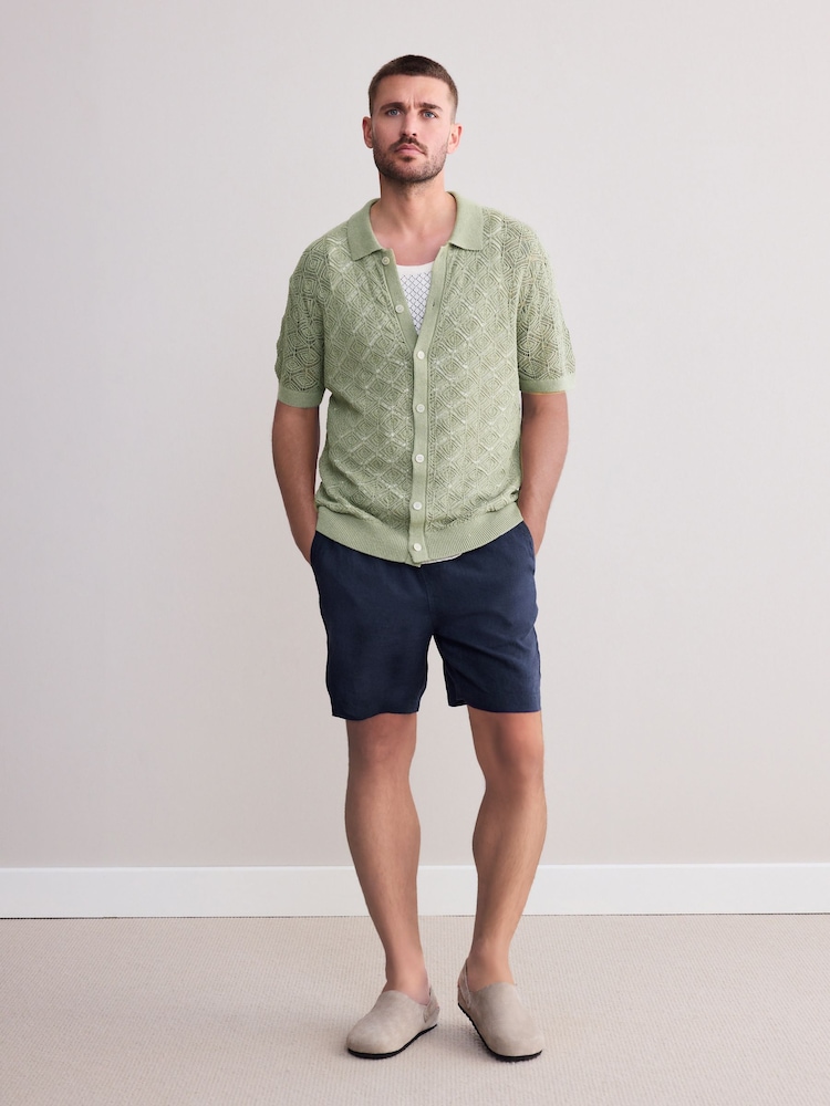Sage Green Signature Linen Rich Short Sleeve Knit Crochet Button Through Polo Shirt - Image 2 of 8 Sage Green Signature Linen Rich Short Sleeve Knit Crochet Button Through Polo Shirt - Image 2 of 8