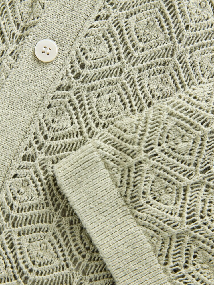 Verde oliva - Signature Linen Rich Short Sleeve Knit Crochet Button Through Polo Shirt - Imagem 3 de 3