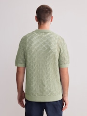 Olive Green Signature Linen Rich Short Sleeve Knit Crochet Button Through Polo Shirt - Image 4 of 8