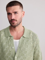 Olive Green Signature Linen Rich Short Sleeve Knit Crochet Button Through Polo Shirt - Image 5 of 8