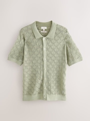 Olive Green Signature Linen Rich Short Sleeve Knit Crochet Button Through Polo Shirt - Image 6 of 8