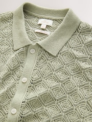 Olive Green Signature Linen Rich Short Sleeve Knit Crochet Button Through Polo Shirt - Image 7 of 8
