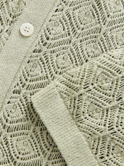 Olive Green Signature Linen Rich Short Sleeve Knit Crochet Button Through Polo Shirt - Image 8 of 8