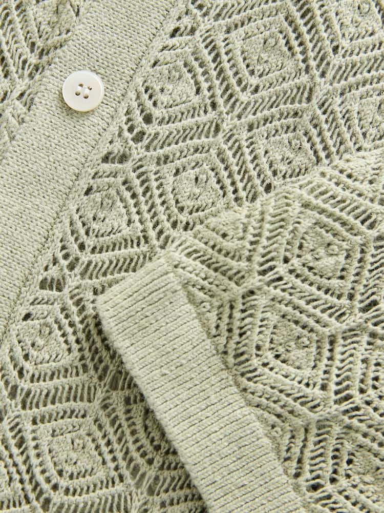 Sage Green Signature Linen Rich Short Sleeve Knit Crochet Button Through Polo Shirt - Image 8 of 8 Sage Green Signature Linen Rich Short Sleeve Knit Crochet Button Through Polo Shirt - Image 8 of 8